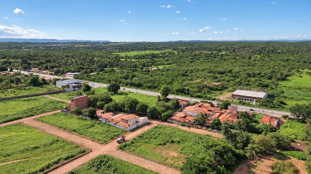 Vista aérea do acesso e do entorno do Loteamento Cecasa