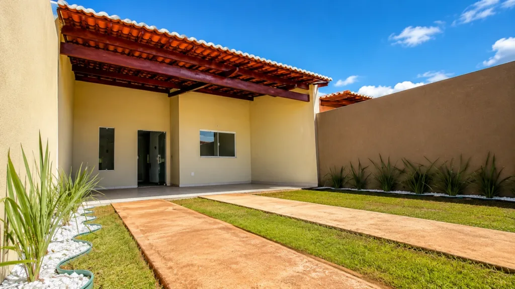 Fachada da casa em Campo Alegre com varanda coberta, jardim e acesso para veículos