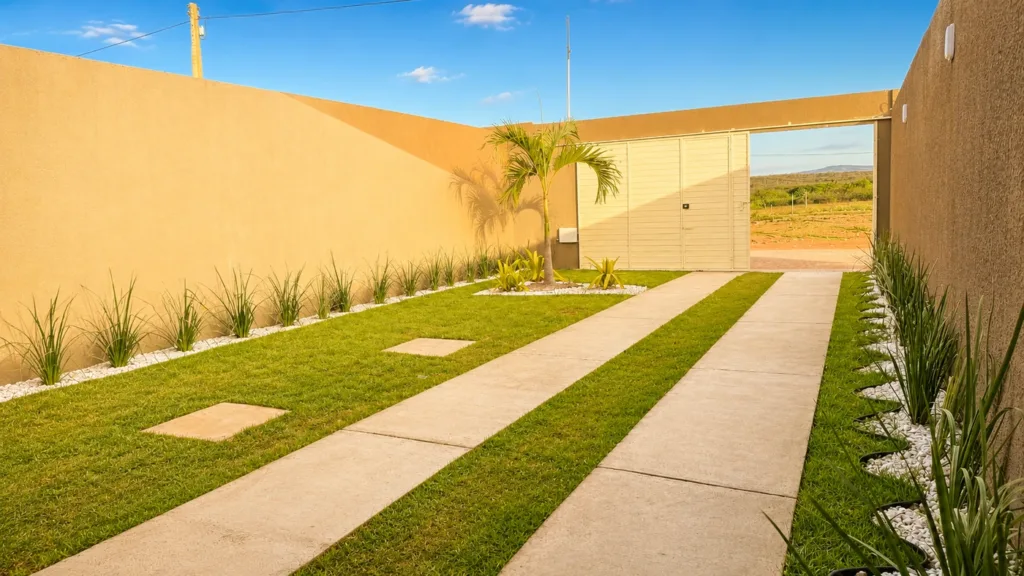 Área frontal da casa em Campo Alegre com jardim, acesso para veículos e portão