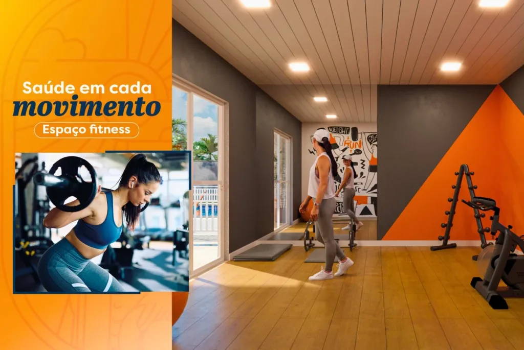 Arte de divulgação com perspectiva ilustrativa do espaço fitness do Gran Village Juazeiro