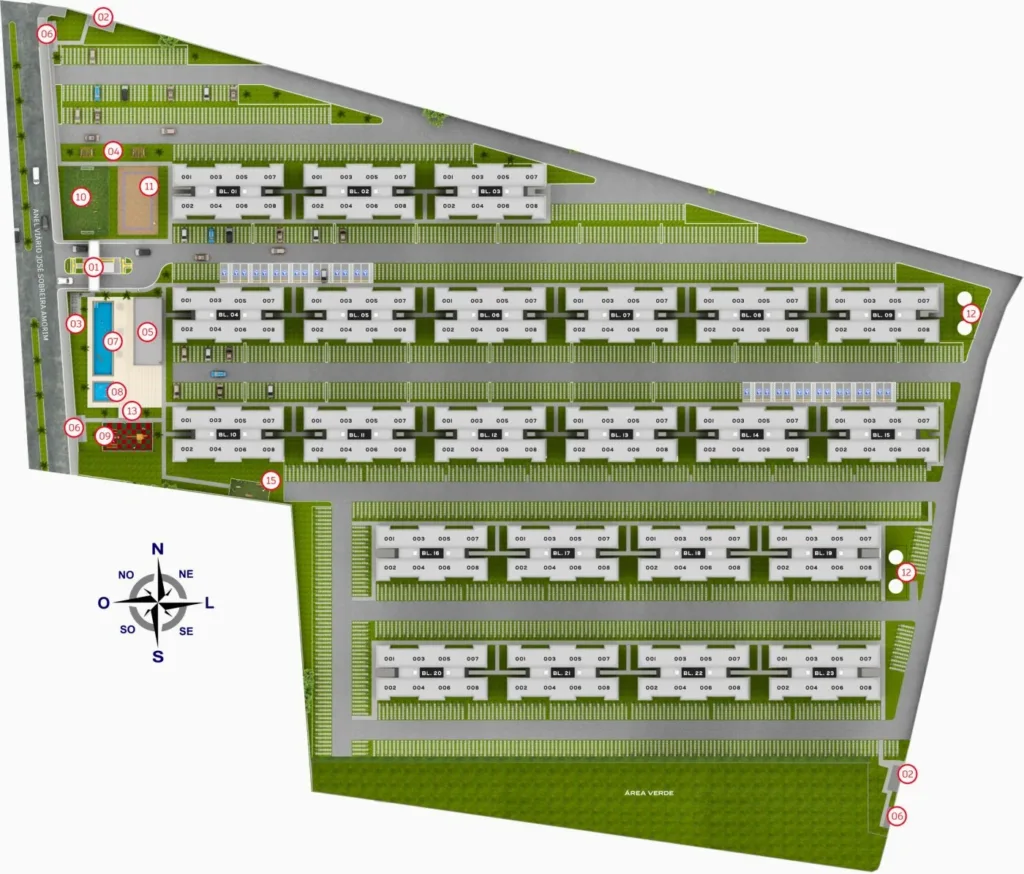 Planta ilustrativa de implantação do Gran Village Juazeiro com blocos, estacionamento e áreas comuns