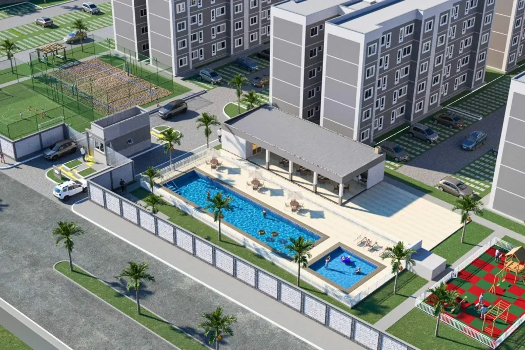Perspectiva ilustrativa das piscinas, área de lazer e blocos do Gran Village Juazeiro