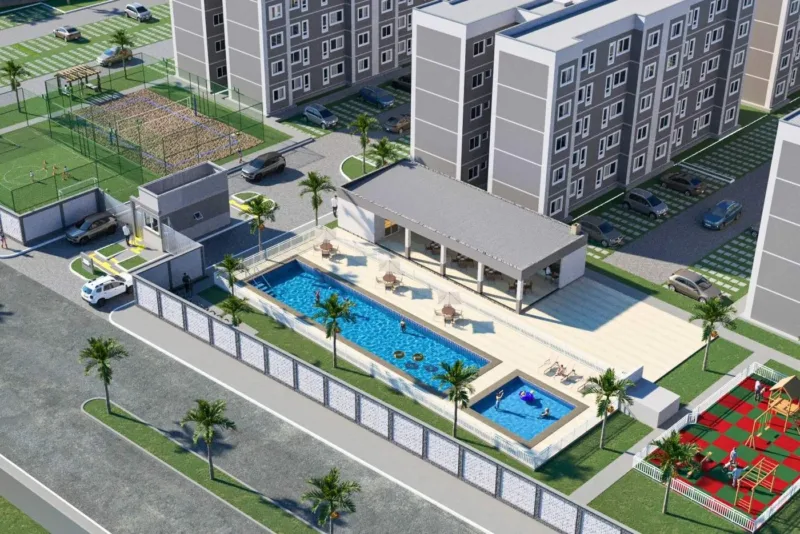 Perspectiva ilustrativa das piscinas, área de lazer e blocos do Gran Village Juazeiro
