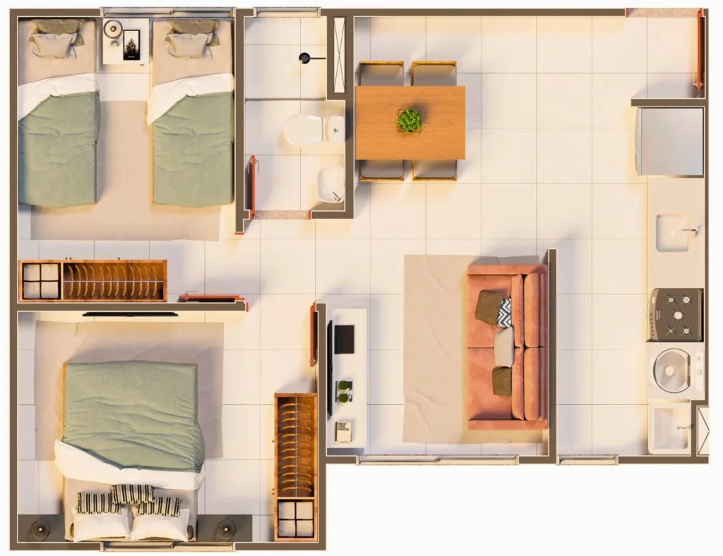 Planta humanizada ilustrativa do Gran Village Juazeiro com dois quartos, banheiro social, sala e cozinha; mobiliário ilustrativo