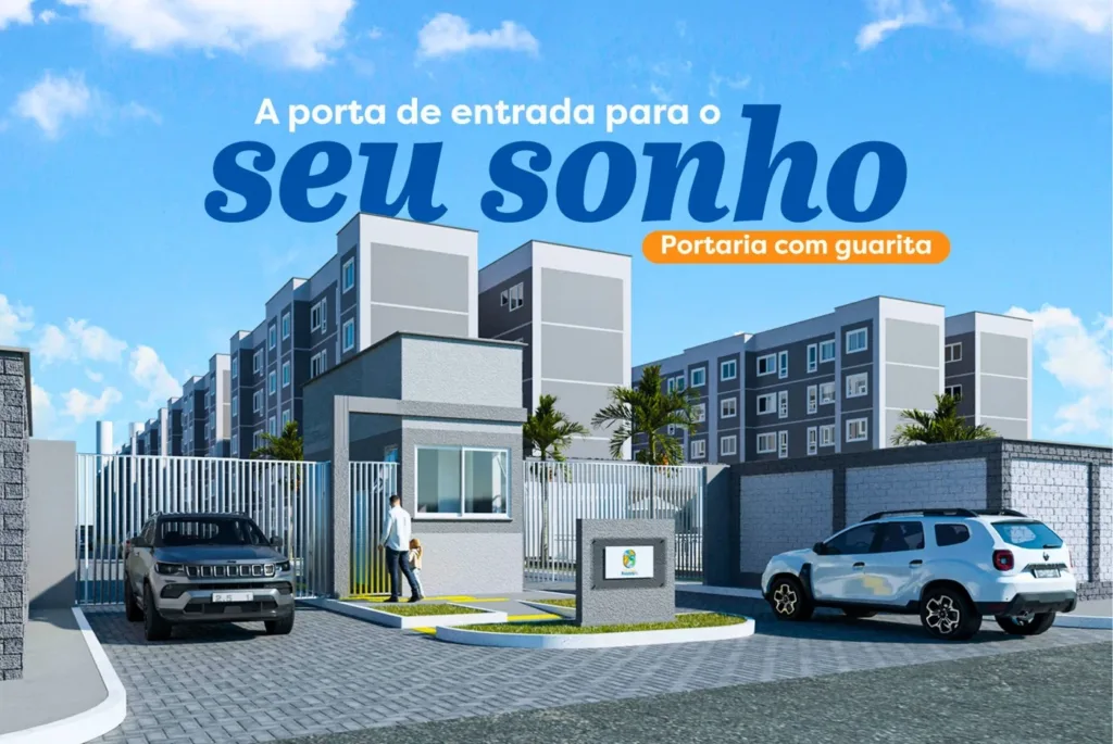 Perspectiva ilustrativa da portaria com guarita do Gran Village Juazeiro