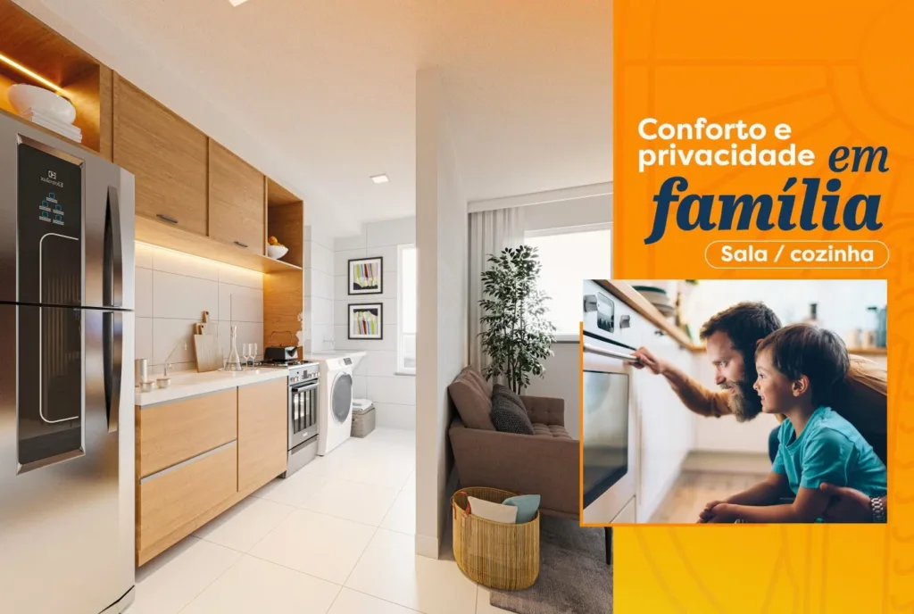 Arte de divulgação com perspectiva ilustrativa da sala e cozinha do Gran Village Juazeiro; mobiliário ilustrativo