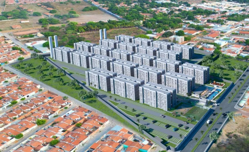 Montagem ilustrativa do projeto Gran Village Juazeiro sobre vista aérea do entorno