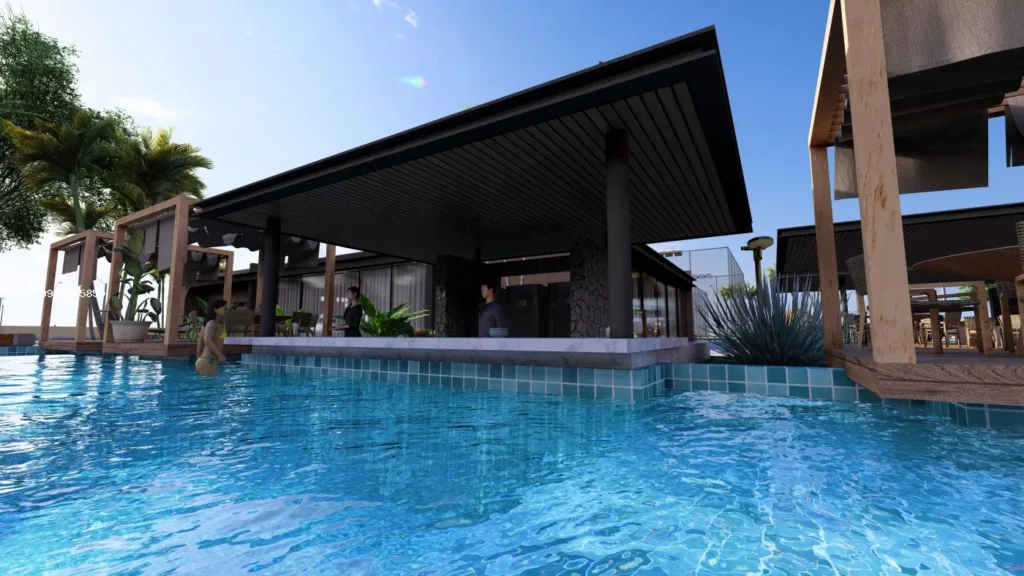 Perspectiva ilustrativa do projeto de piscina e bar molhado do Alta Vista Juazeiro