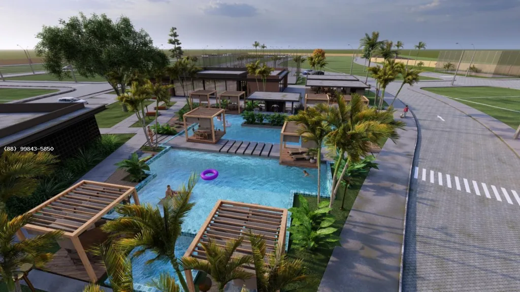 Perspectiva ilustrativa do projeto de piscinas e espaços de convivência do Alta Vista Juazeiro