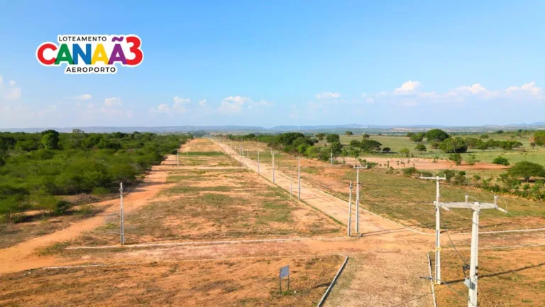 Vista aérea das quadras, terrenos e postes do Loteamento Canaã 3, no bairro Aeroporto