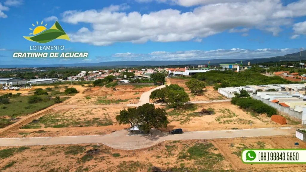 Vista aérea das quadras e vias do Cratinho de Açúcar, com árvores e construções no entorno