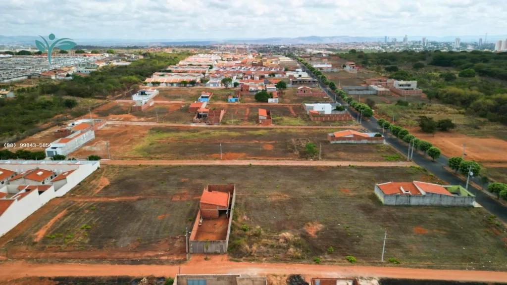 Vista aérea das quadras e terrenos do Jardim dos Araçás, com residências no entorno