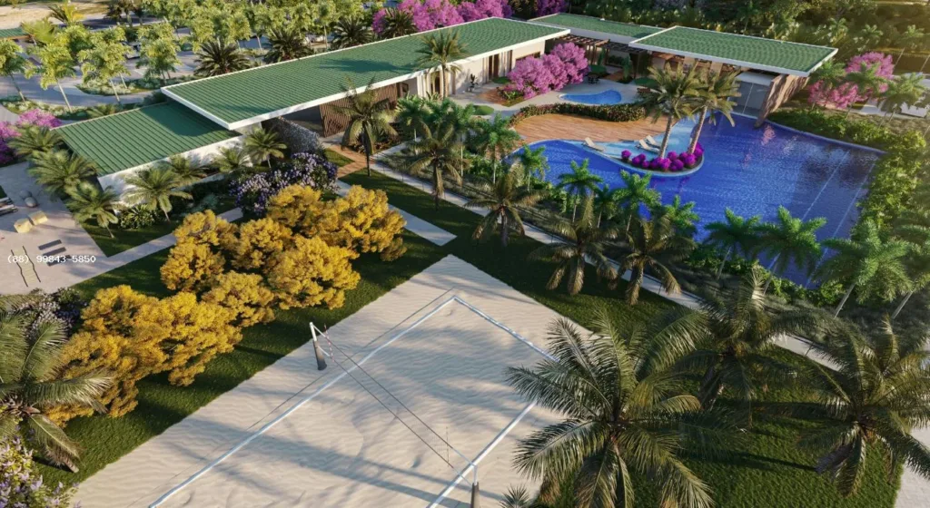Perspectiva ilustrativa do clube, piscinas e quadra de areia do Le Jardin