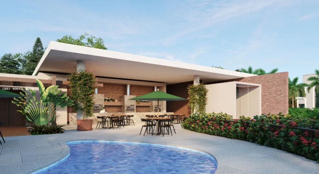 Perspectiva ilustrativa da piscina e do espaço gourmet com churrasqueiras do Le Jardin