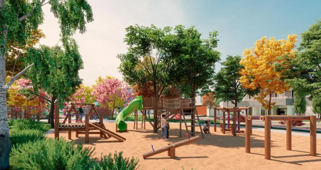 Perspectiva ilustrativa do playground do Le Jardin com brinquedos e paisagismo