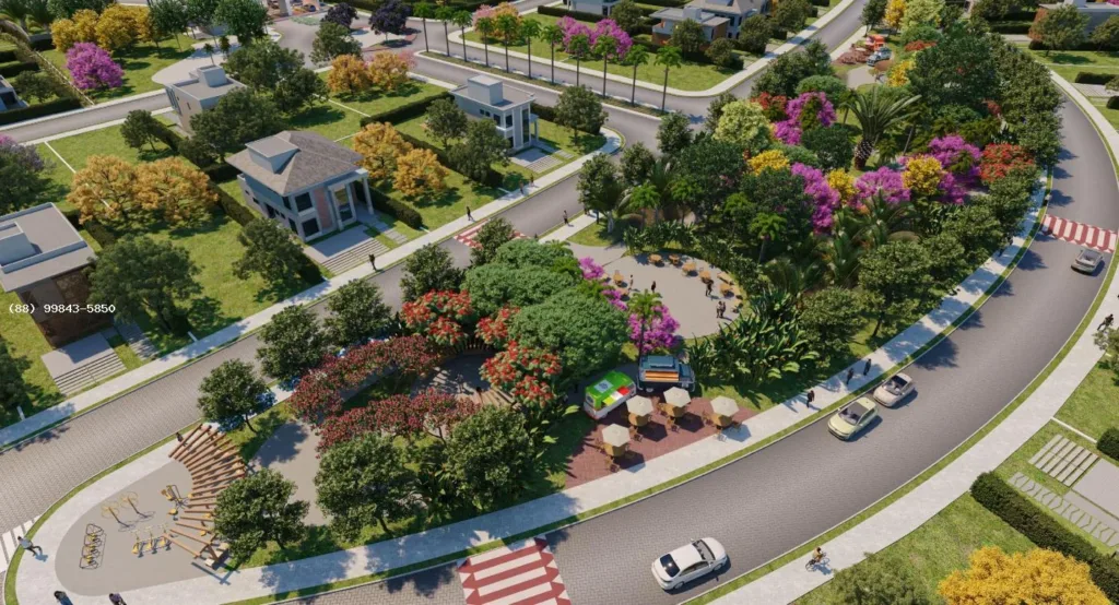 Perspectiva ilustrativa aérea da praça e do paisagismo do Le Jardin; casas representadas não integram a oferta do lote
