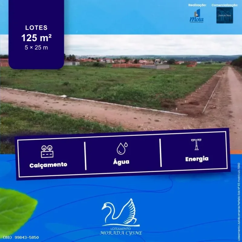 Material de divulgação do Loteamento Morada Cysne, em Barbalha, com terrenos de 125 m² e destaque para água, energia e calçamento