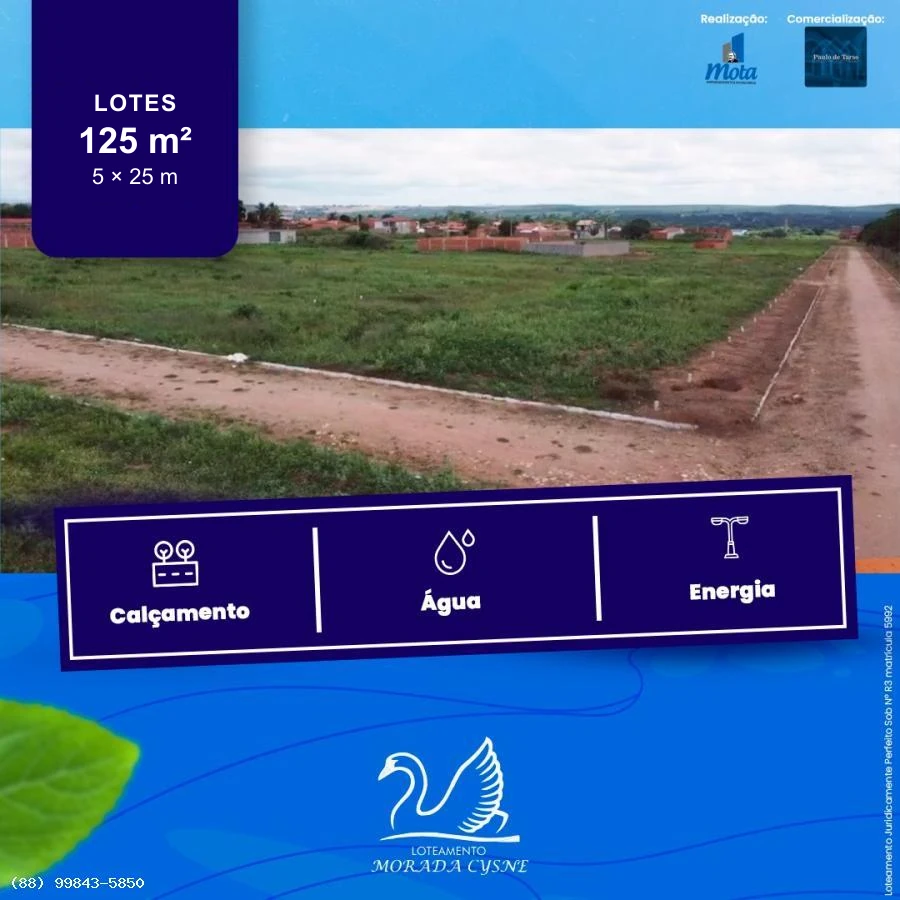 Material de divulgação do Loteamento Morada Cysne, em Barbalha, com terrenos de 125 m² e destaque para água, energia e calçamento