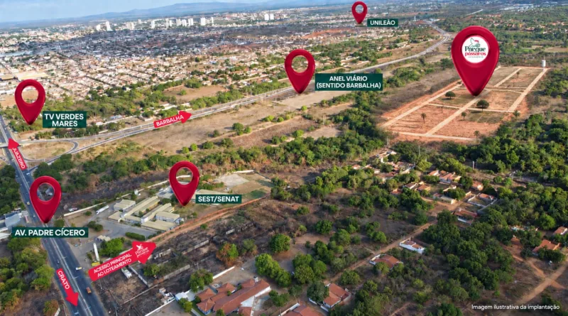 Montagem ilustrativa da localização do Loteamento Parque dos Pássaros, em Crato, com pontos de referência