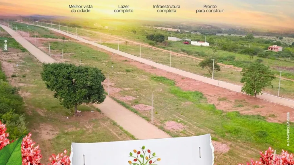 Material de divulgação do Residencial Bela Vista com vista aérea dos lotes