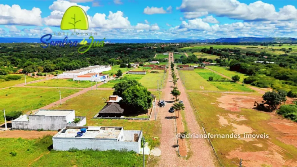 Vista aérea da avenida com canteiro central, lotes e construções no Sombra do Juá